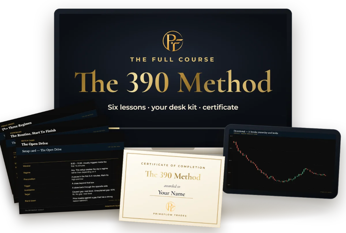 The 390 Method course on a laptop, with its setup cards and certificate
