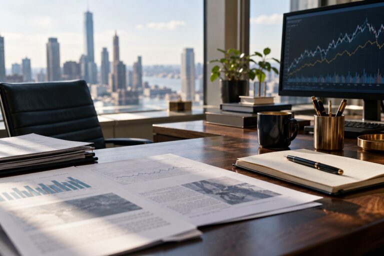 Analyst desk with market chart and economic report on a morning of services data