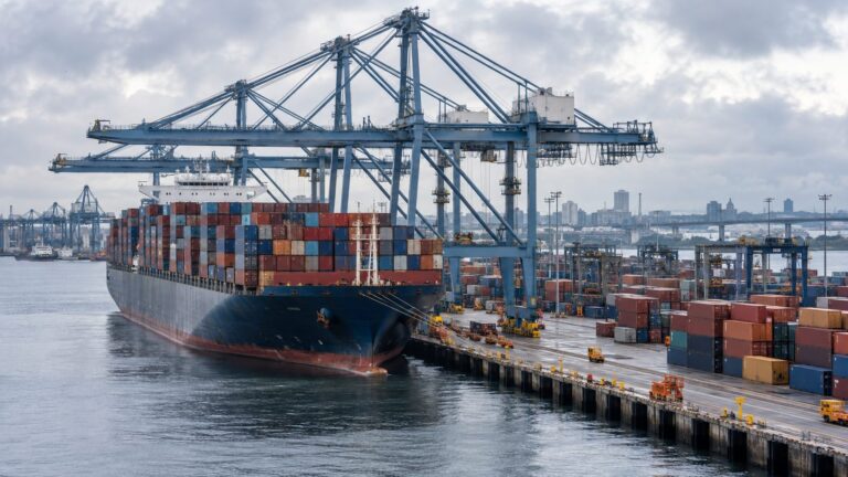Container ship and gantry cranes at a commercial port, illustrating the August U.S. trade report