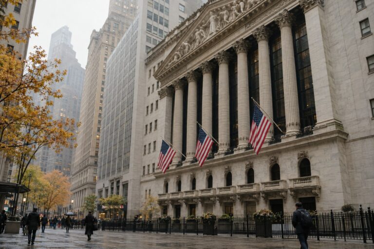 New York Stock Exchange facade and American flags on an autumn morning, illustrating the stock-market pullback