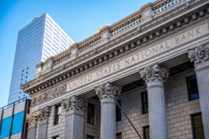Classical columns on the United States National Bank building in Portland