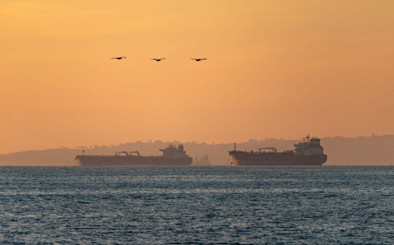 Oil tankers silhouetted off Long Beach, California, at sunset